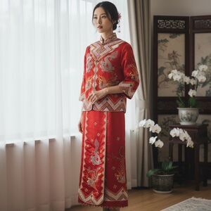 Rare Vintage Hand Embroidered Dragon Phoenix Qun Kwa Wedding Set